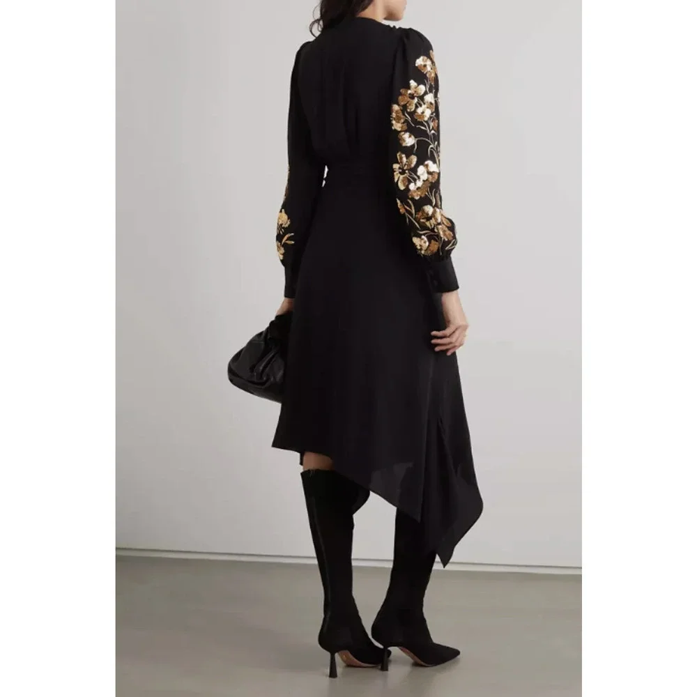 Defect Tory Burch EMBROIDERED WRAP Midi DRESS Sz 2 Golden Sequins Black #2A458